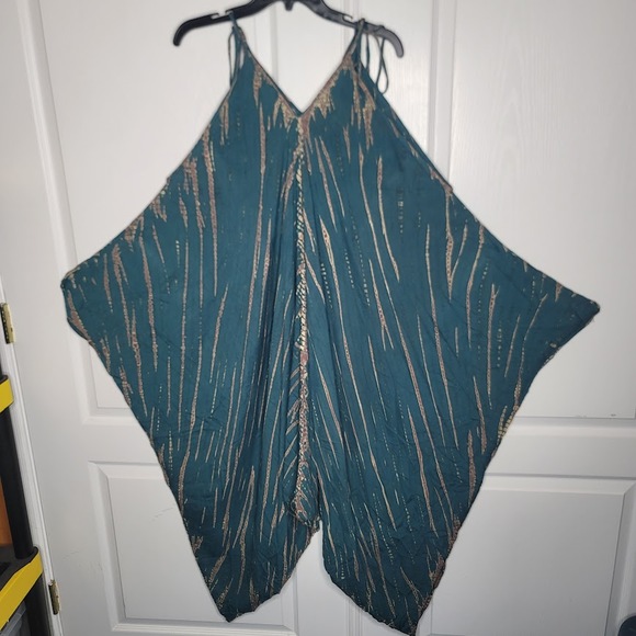 Hand dyed Boho Sleeveless Romper and Long sleeve Duster Set Green/Cream One-Size - Picture 3 of 8